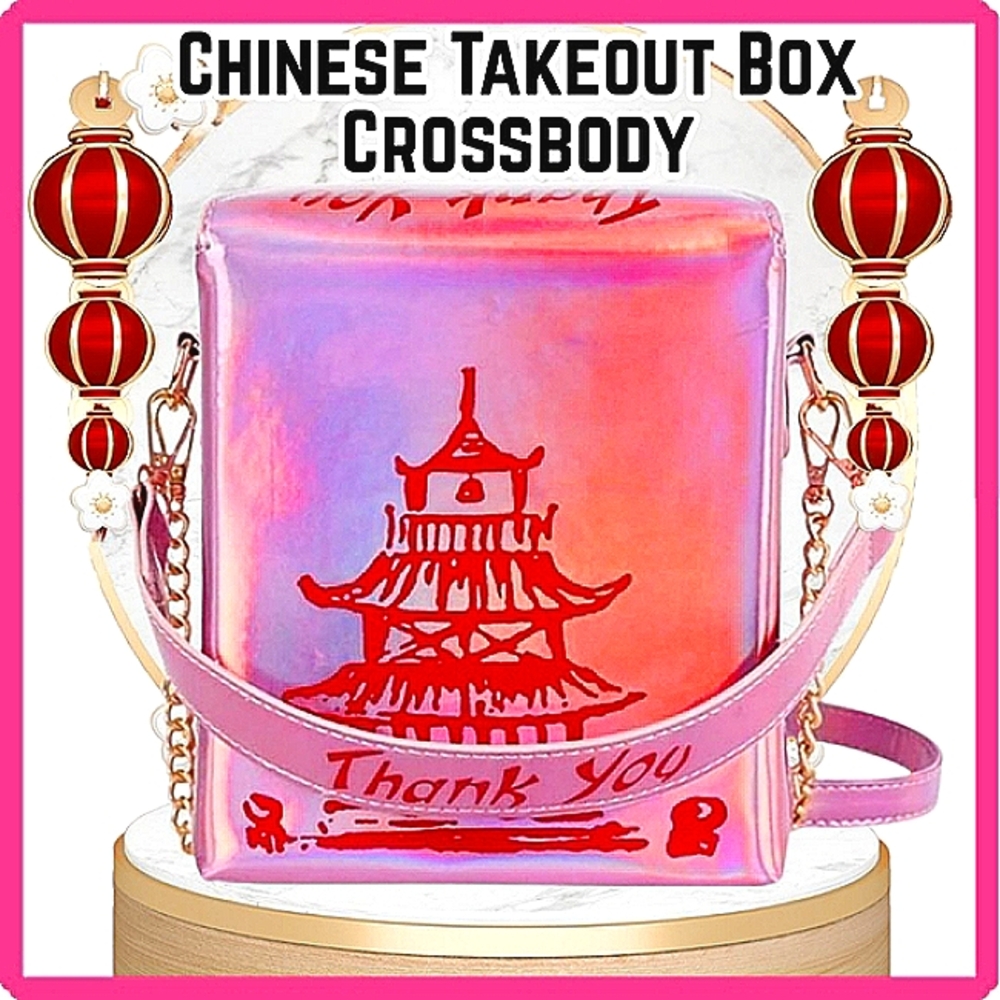 Tik-Tok Chinese Food Take-Out Box Crossbody Festival Party Pink Red Iridescent